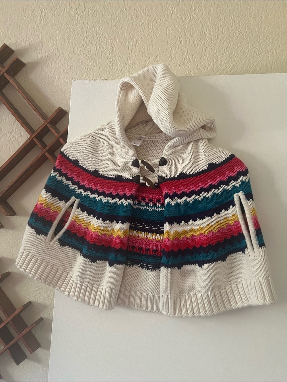 Old Navy Cream Hooded Knit Cape with Multicolor Stripes